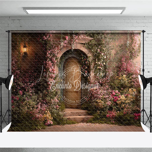 Lofaris Romantic Garden Photography Backdrop with Stone Archway Rustic Door Pink Roses and Vintage Lantern