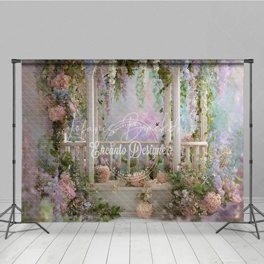 Lofaris Romantic Garden Wooden Archway Photography Backdrop Pink Blue Pastel Flowers Ethereal Wisteria Vines for Celebrations