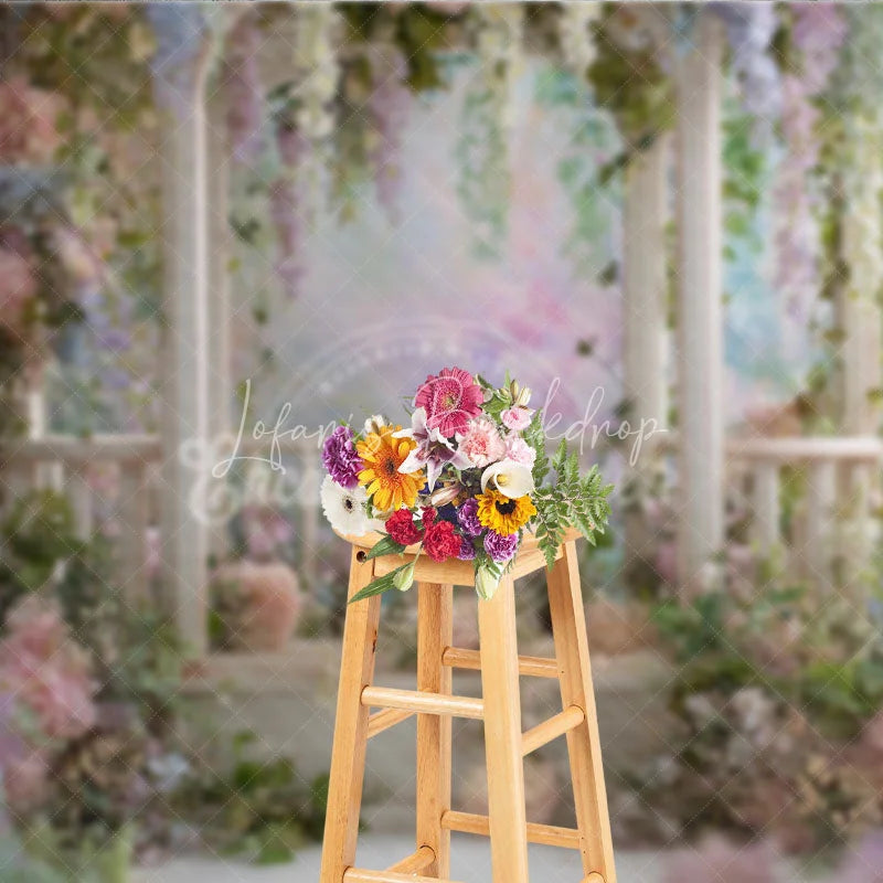 Lofaris Romantic Garden Wooden Archway Photography Backdrop Pink Blue Pastel Flowers Ethereal Wisteria Vines for Celebrations