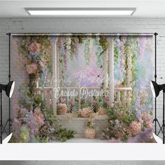 Lofaris Romantic Garden Wooden Archway Photography Backdrop Pink Blue Pastel Flowers Ethereal Wisteria Vines for Celebrations