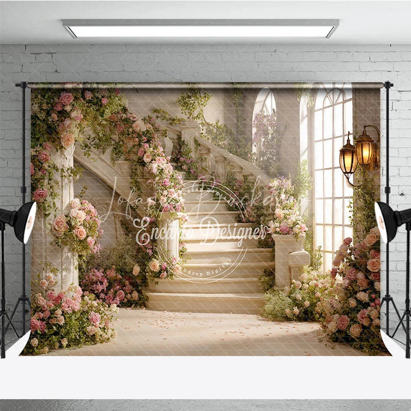 Lofaris Romantic Grand Staircase with Pink Roses and Green Vines Photography Backdrop Elegant Fairytale Wedding Party Decor