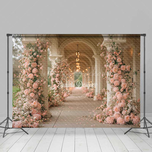 Lofaris Romantic Hallway Photography Backdrop Pink Floral Columns at a Palace Elegant Wedding Aisle or Reception Decor