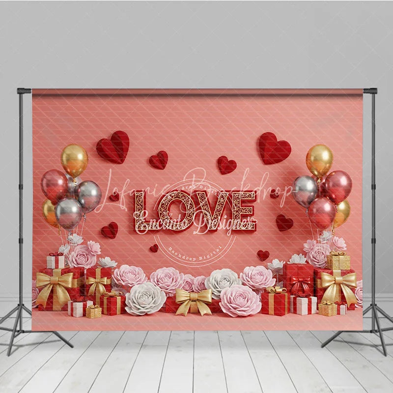 Lofaris Romantic Love Gift Box Backdrop Red 3D Text Balloons Paper Hearts Background Valentine Day Photography Decoration