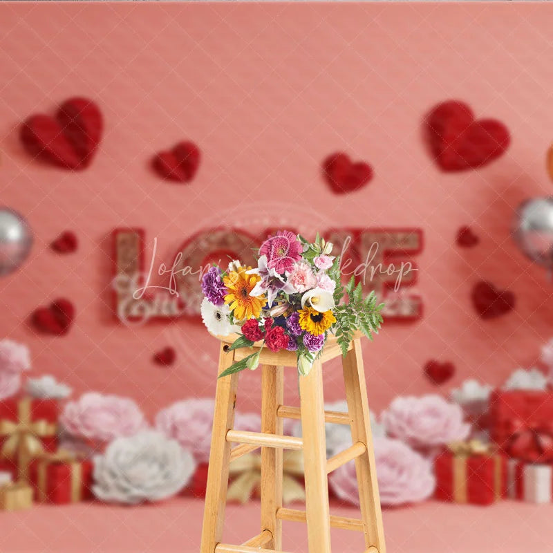 Lofaris Romantic Love Gift Box Backdrop Red 3D Text Balloons Paper Hearts Background Valentine Day Photography Decoration