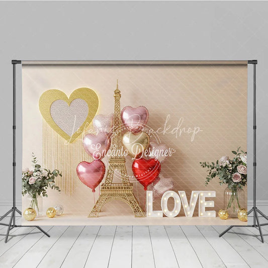 Lofaris Romantic Paris Eiffel Tower Valentine Day Backdrop Love Letters Gold Heart Balloons Background Wedding Photography
