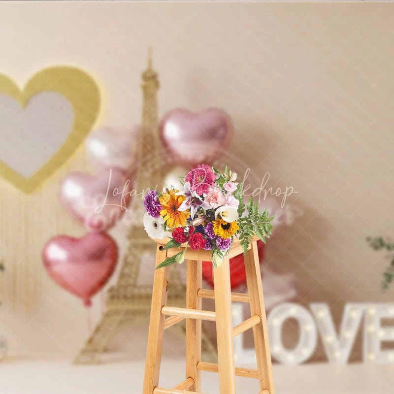 Lofaris Romantic Paris Eiffel Tower Valentine Day Backdrop Love Letters Gold Heart Balloons Background Wedding Photography
