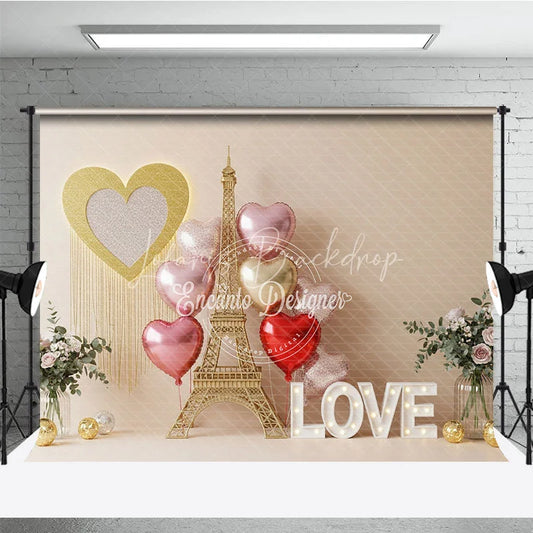 Lofaris Romantic Paris Eiffel Tower Valentine Day Backdrop Love Letters Gold Heart Balloons Background Wedding Photography