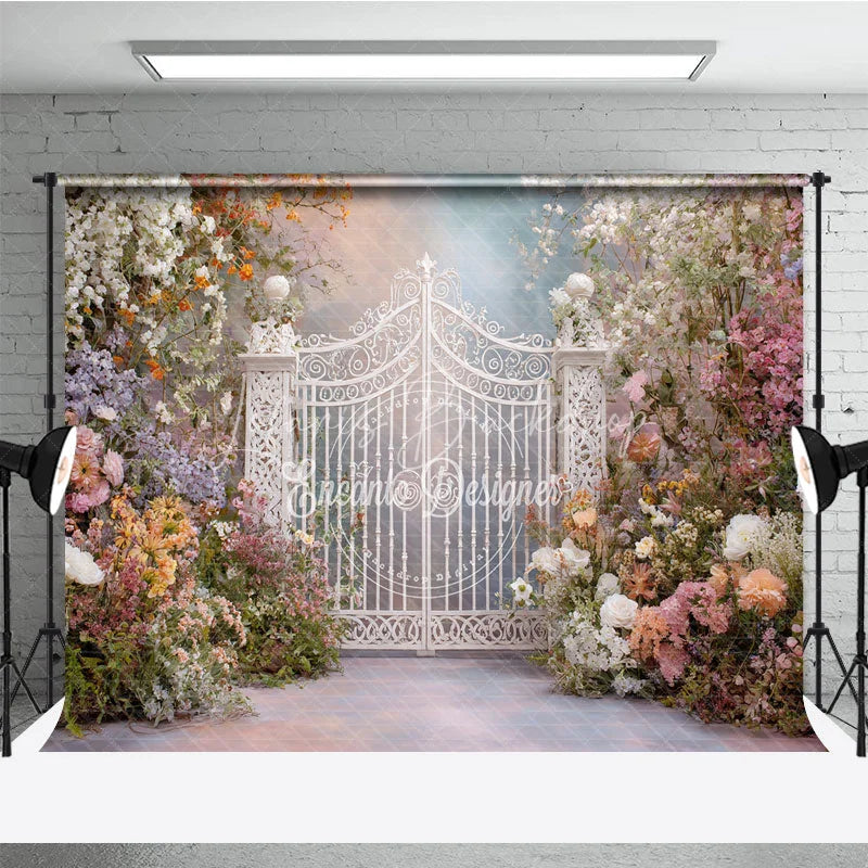 Lofaris Romantic Pastel Floral Enchanted Garden Gate Photography Backdrop Whimsical Archway for Wedding Fairy Tale Party