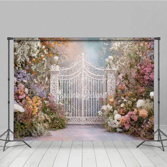 Lofaris Romantic Pastel Floral Enchanted Garden Gate Photography Backdrop Whimsical Archway for Wedding Fairy Tale Party