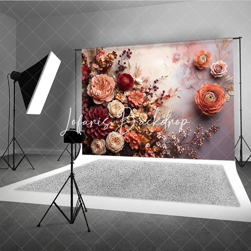 Lofaris Romantic Peach and Burgundy Floral Photography Backdrop Elegant Roses Dahlias Ranunculus Textured Art