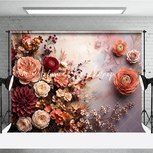 Lofaris Romantic Peach and Burgundy Floral Photography Backdrop Elegant Roses Dahlias Ranunculus Textured Art