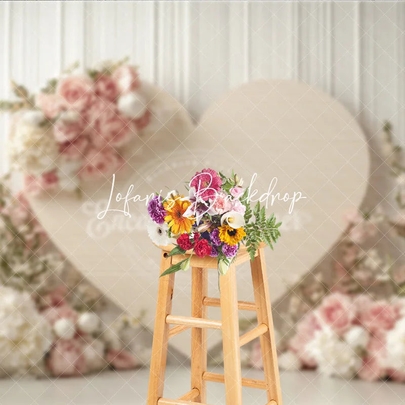 Lofaris Romantic Pink and White Floral Heart Photography Backdrop Elegant Wood Panel for Valentine’s Day Wedding