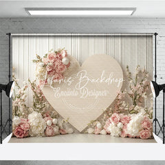 Lofaris Romantic Pink and White Floral Heart Photography Backdrop Elegant Wood Panel for Valentine’s Day Wedding
