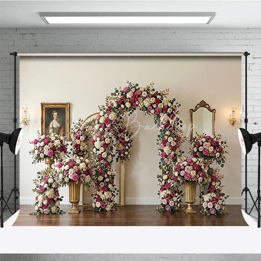 Lofaris Romantic Pink and White Roses Floral Arch Photography Backdrop Elegant Golden Leaves Wedding Party Decor