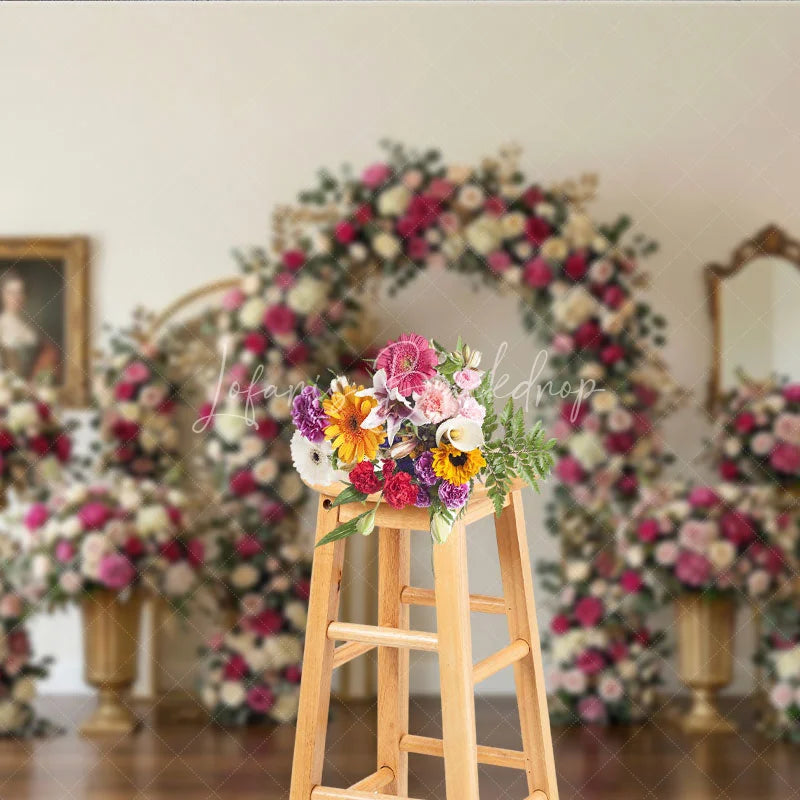 Lofaris Romantic Pink and White Roses Floral Arch Photography Backdrop Elegant Golden Leaves Wedding Party Decor