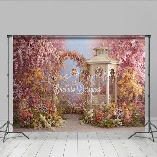 Lofaris Romantic Pink and Yellow Floral Arch Garden Photography Backdrop Spring Gazebo with Lanterns for Photoshoot