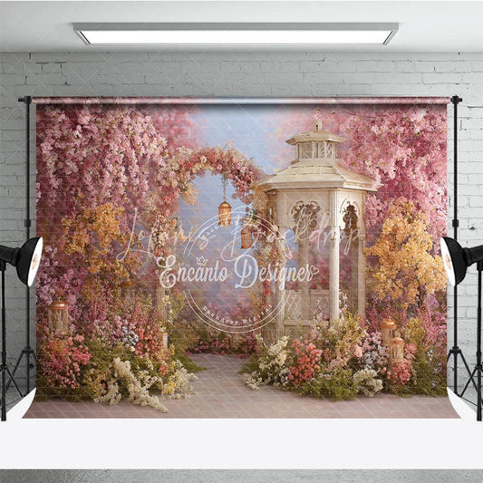 Lofaris Romantic Pink and Yellow Floral Arch Garden Photography Backdrop Spring Gazebo with Lanterns for Photoshoot