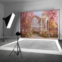 Lofaris Romantic Pink and Yellow Floral Arch Garden Photography Backdrop Spring Gazebo with Lanterns for Photoshoot