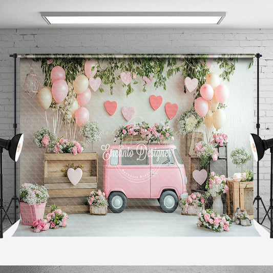 Lofaris Romantic Pink Bus Floral Greenery Balloons Backdrop