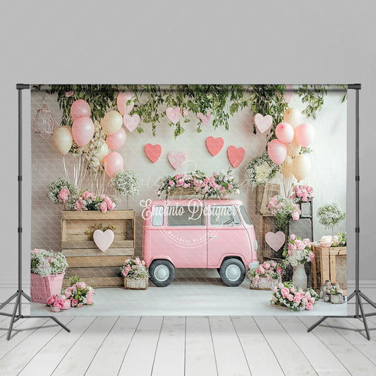 Lofaris Romantic Pink Bus Floral Greenery Balloons Backdrop