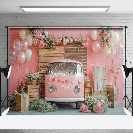 Lofaris Romantic Pink Bus Floral Valentines Day Backdrop