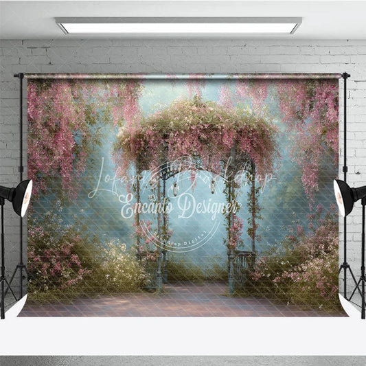 Lofaris Romantic Pink Floral Vines and Ornate Gazebo Photography Backdrop Enchanted Garden Dreamy Portrait Background