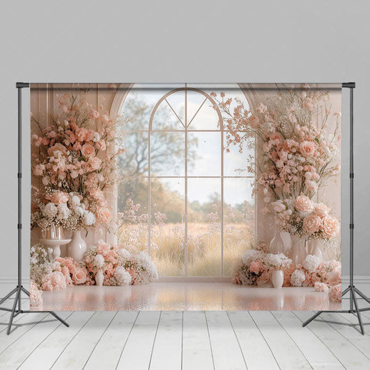 Lofaris Romantic Pink Floral Window Wedding Photo Backdrop