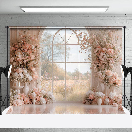 Lofaris Romantic Pink Floral Window Wedding Photo Backdrop