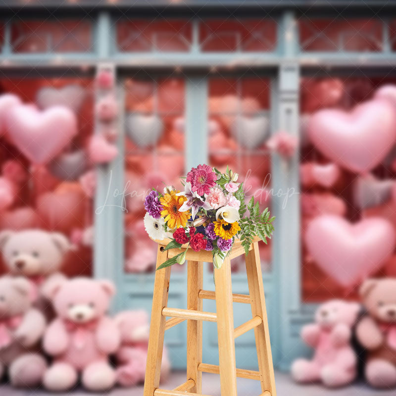 Lofaris Romantic Pink Heart Bear Shop Valentines Day Backdrop
