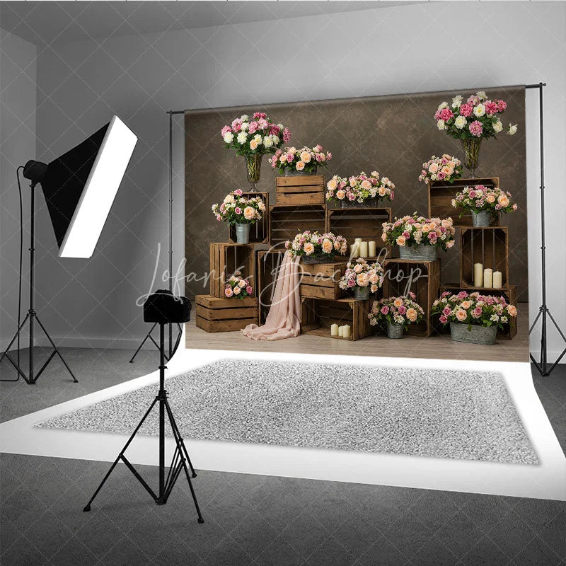 Lofaris Romantic Pink Peach Floral Photography Backdrop with Rustic Wooden Crates Candles for Wedding or Bridal Shower