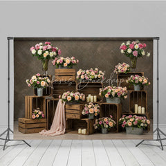 Lofaris Romantic Pink Peach Floral Photography Backdrop with Rustic Wooden Crates Candles for Wedding or Bridal Shower