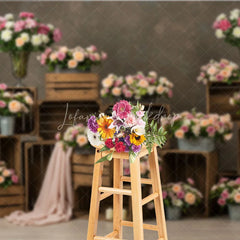 Lofaris Romantic Pink Peach Floral Photography Backdrop with Rustic Wooden Crates Candles for Wedding or Bridal Shower