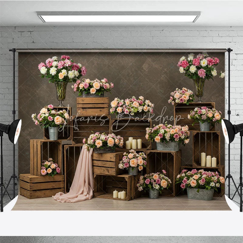 Lofaris Romantic Pink Peach Floral Photography Backdrop with Rustic Wooden Crates Candles for Wedding or Bridal Shower