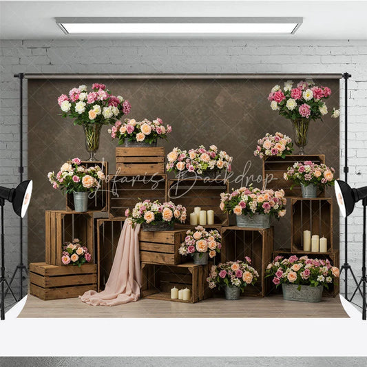 Lofaris Romantic Pink Peach Floral Photography Backdrop with Rustic Wooden Crates Candles for Wedding or Bridal Shower