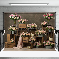 Lofaris Romantic Pink Peach Floral Photography Backdrop with Rustic Wooden Crates Candles for Wedding or Bridal Shower