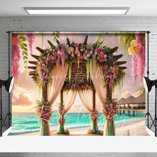 Lofaris Romantic Pink Purple Floral Wedding Arch Backdrop Tropical Beach Sunset Ocean Photography Background