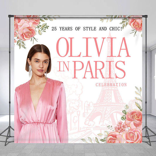 Lofaris Romantic Pink Rose Eiffel Tower Custom Photo Backdrop