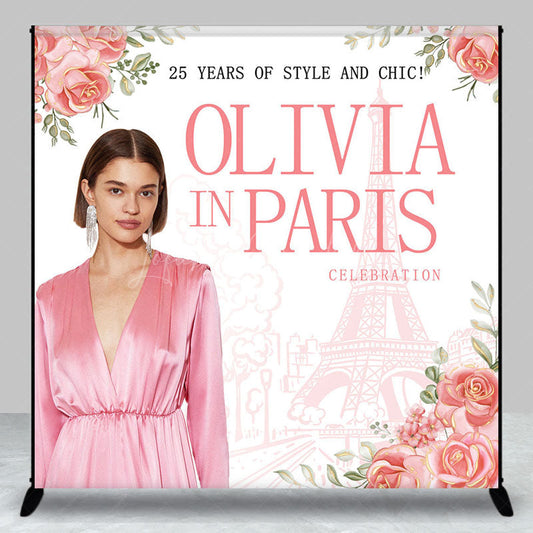 Lofaris Romantic Pink Rose Eiffel Tower Custom Photo Backdrop