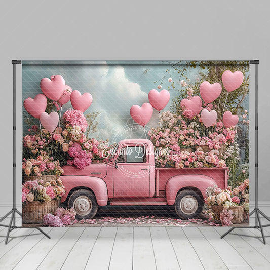 Lofaris Romantic Pink Truck Balloons Floral Cloud Backdrop