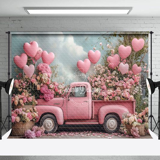 Lofaris Romantic Pink Truck Balloons Floral Cloud Backdrop