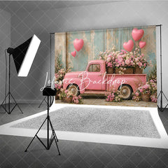 Lofaris Romantic Pink Vintage Truck with Heart Balloons and Flowers Photography Backdrop Rustic Wall Valentine’s Day Theme