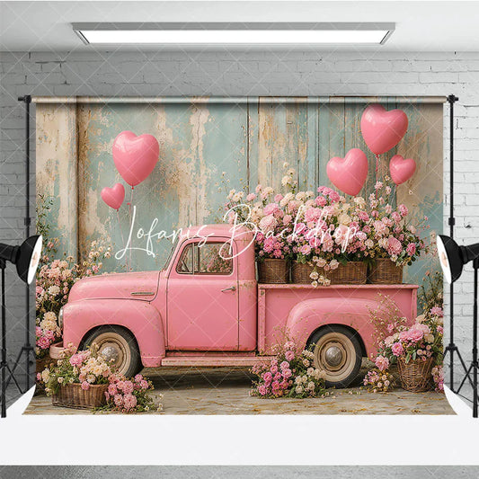 Lofaris Romantic Pink Vintage Truck with Heart Balloons and Flowers Photography Backdrop Rustic Wall Valentine’s Day Theme
