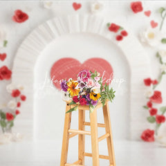 Lofaris Romantic Red Heart Arch Photography Backdrop White Brick Wall with Paper Flowers for Valentine’s Day