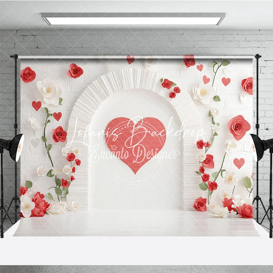 Lofaris Romantic Red Heart Arch Photography Backdrop White Brick Wall with Paper Flowers for Valentine’s Day
