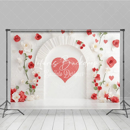 Lofaris Romantic Red Heart Arch Photography Backdrop White Brick Wall with Paper Flowers for Valentine’s Day