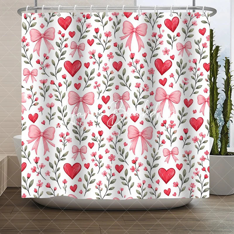 Lofaris Romantic Red Hearts and Pink Bows Floral Shower Curtain Green Leaves Pattern for Valentine’s Day Bathroom Decor