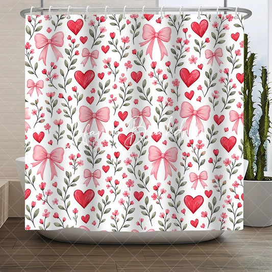 Lofaris Romantic Red Hearts and Pink Bows Floral Shower Curtain Green Leaves Pattern for Valentine’s Day Bathroom Decor