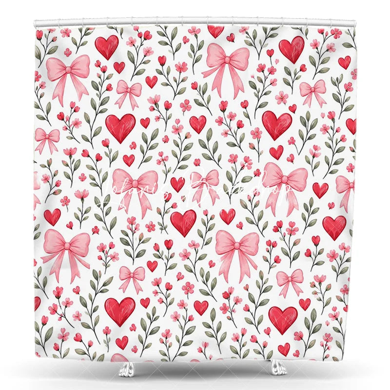 Lofaris Romantic Red Hearts and Pink Bows Floral Shower Curtain Green Leaves Pattern for Valentine’s Day Bathroom Decor