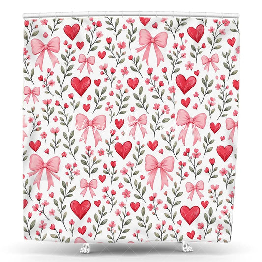Lofaris Romantic Red Hearts and Pink Bows Floral Shower Curtain Green Leaves Pattern for Valentine’s Day Bathroom Decor