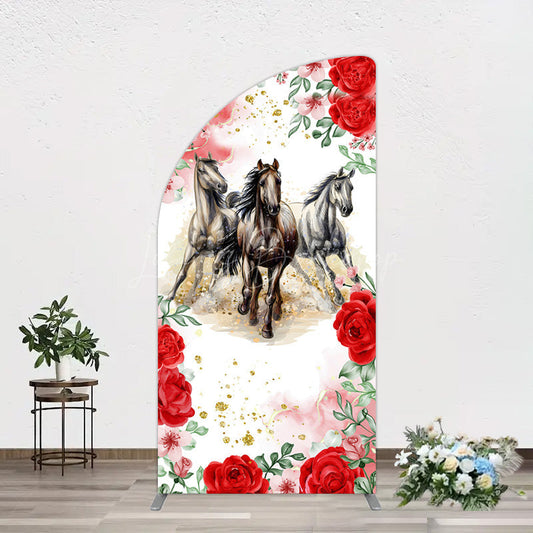 Lofaris Romantic Red Rose Horse Kentucky Derby Half Moon Arch Backdrop